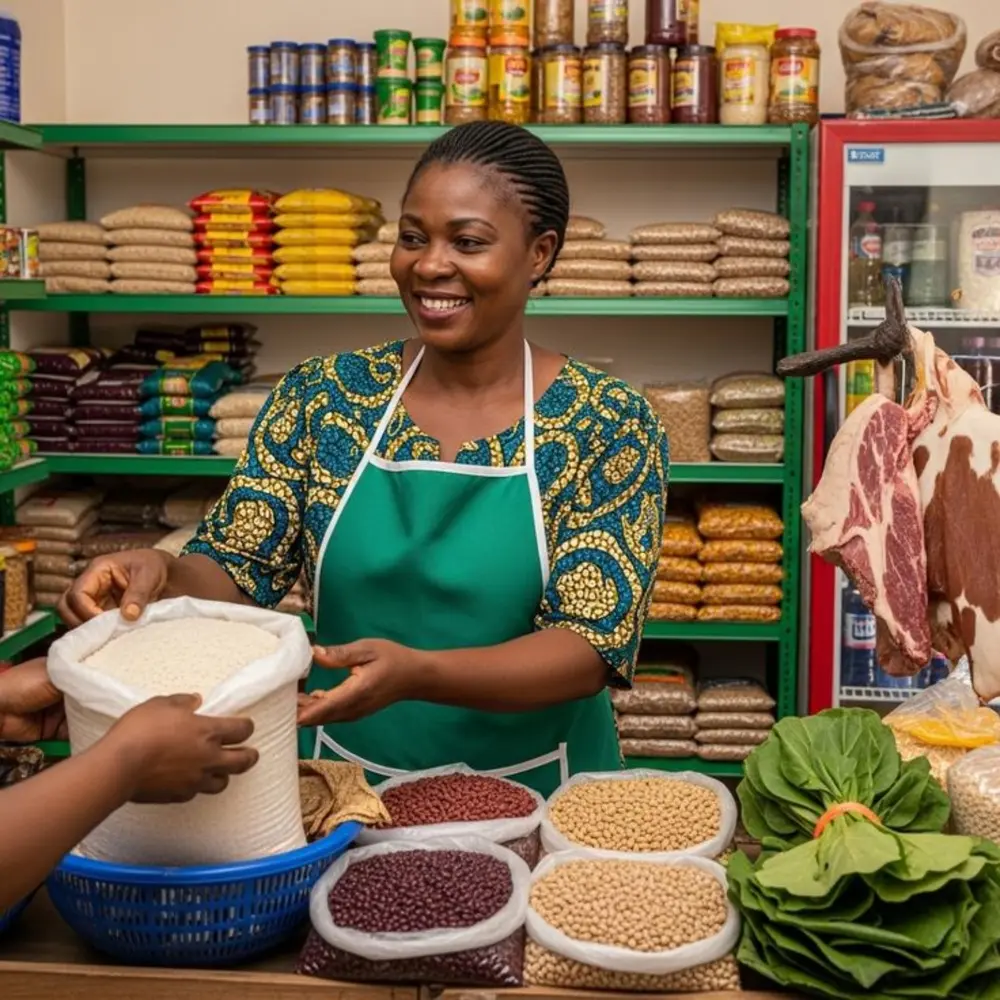 Nigerian food seller measuring foodstuff for a customer